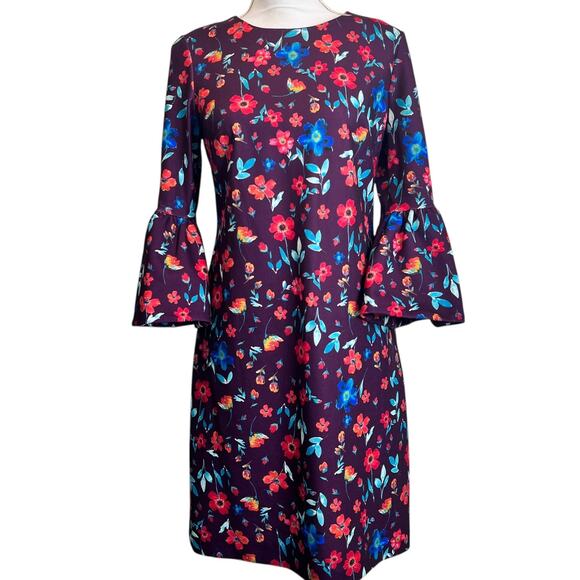 Calvin Klein Floral Sheath Dress Purple Size 6 Bell Sleeve Above The Knee Fitted - Picture 2 of 10